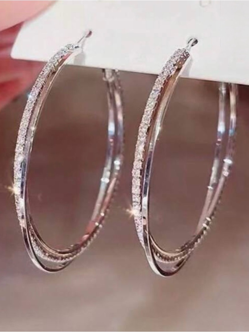 NWOT Silver Crystal Double Hoop Earrings - Women Jewelry